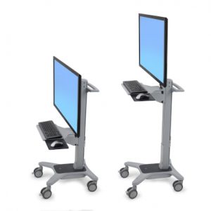 Ergotron Neo-Flex® WideView WorkSpace, Side View, Two Workspaces, Low Height, Tall Height, Mounted Monitors