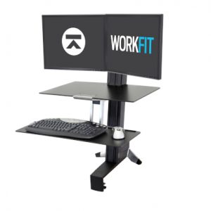 Ergotron WorkFit-S Dual, Black Colour, Front View, Raised Workstation, Workfit Logo, Keyboard, Mouse, Two Monitors