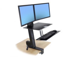 Ergotron WorkFit-S Dual, Black Colour, Front View, Raised Workstation, Attached to Desk, Keyboard and Mouse, Two Monitors, Tilted Keyboard
