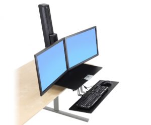 Ergotron WorkFit-S Dual, Black Colour, Front View, Lowered Workstation, Attached to Desk