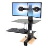Ergotron WorkFit-S Dual, Black Colour, Front View, Raised Workstation, Attached to Desk, Keyboard and Mouse, Two Monitors