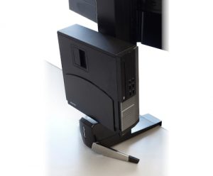 Ergotron WorkFit-S Dual, Black Colour, Back View, Lowered Workstation, PC Case Holder
