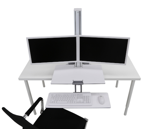 Ergotron WorkFit-S Dual, White Colour, Front View, Top View, Keyboard and Mouse, Two Monitors Mounted, Lowered Workstation