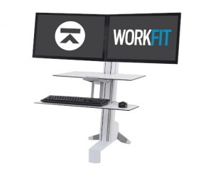 Ergotron WorkFit-S Dual, White Colour, Front View, Raised Workstation, Workfit Logo, Keyboard, Mouse, Two Monitors