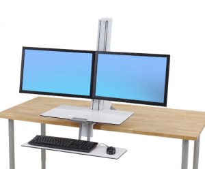Ergotron WorkFit-S Dual, White Colour, Front View, Lowered Workstation, Keyboard and Mouse, Two Monitors