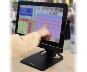 Ergotron Neo-Flex® Touchscreen Stand, Front View, Black Colour, Monitor Attached, Monitor Lifted, Retail Usage, Person Using Touchscreen