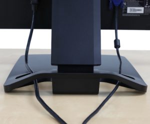 Ergotron Neo-Flex® Touchscreen Stand, Back View, Black Colour, Monitor Attached, Monitor Lifted, Wire Placement, Close Up of Base
