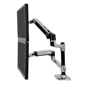 Ergotron LX Dual Stacking Arm, Side View, Polished Aluminum, Vertical Stack