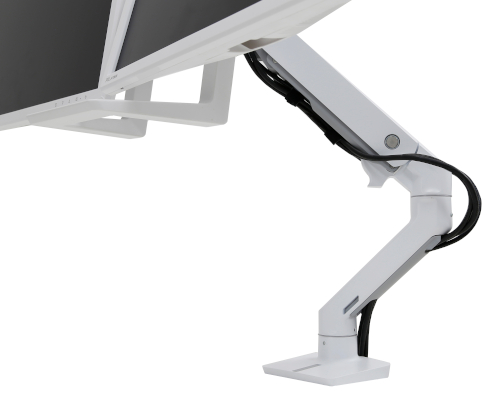 Ergotron HX Desk Dual Monitor Arm, Close Up, White Colour, Two Monitors Mounted