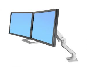 Ergotron HX Desk Dual Monitor Arm, Front View, White Colour, Two Monitors Mounted