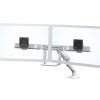 Ergotron HX Desk Dual Monitor Arm, Front View, White Colour, Two Monitors Mounted, Transparent Monitors