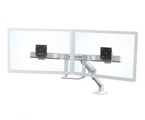 Ergotron HX Desk Dual Monitor Arm, Front View, White Colour, Two Monitors Mounted, Transparent Monitors