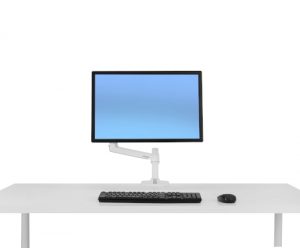 Ergotron LX Desk Monitor Arm, Front View, White Colour, Mounted on Desk, Blue Monitor, Keyboard and Mouse