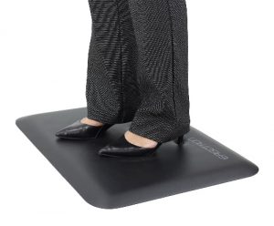 Ergotron WorkFit® Floor Mat, Small, Angled View, Full Size, Woman Standing on Mat, Charcoal Grey Colour