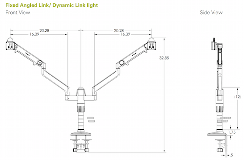 Humanscale MFlex Monitor Arm Dimensions
