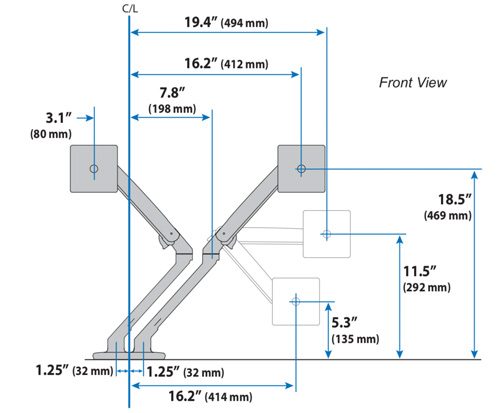 Ergotron MXV Desk Dual Monitor Arm Front Dimensions