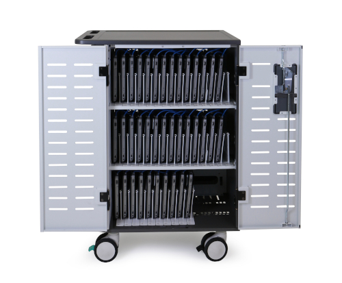 Ergotron Zip40 Charging and Management Cart, Side View, Open Doors, Devices Charging, Grey and White Colour